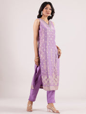 Graceful Lilac Banarasi V-Neck Salwar Suit with Matching Dupatta