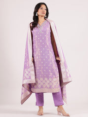 Graceful Lilac Banarasi V-Neck Salwar Suit with Matching Dupatta