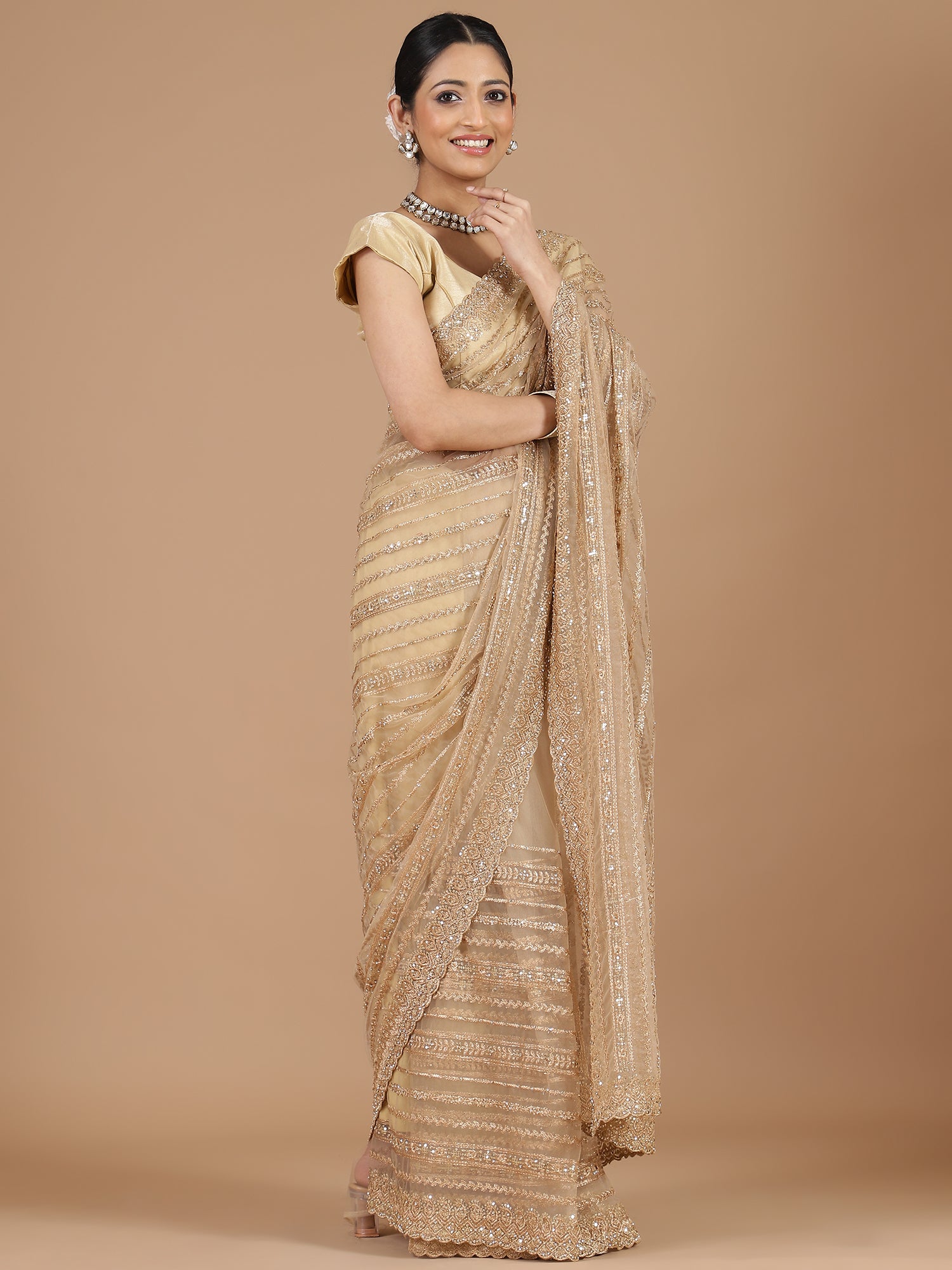 Elegant Sandal Netted Saree with Inricate Zari Work