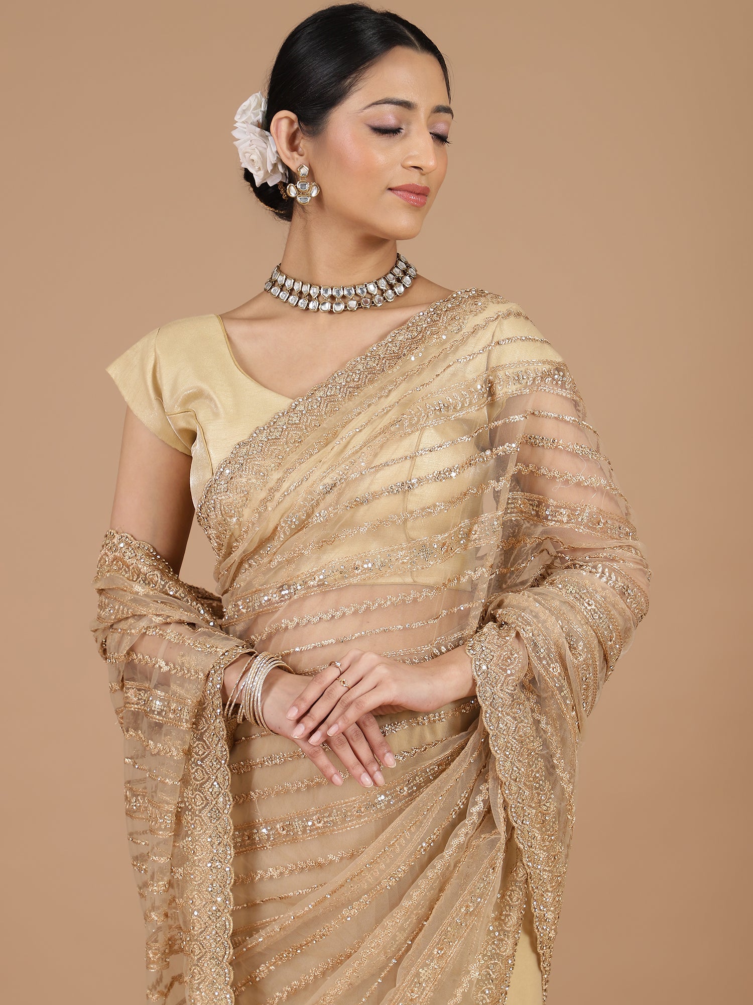 Elegant Sandal Netted Saree with Inricate Zari Work