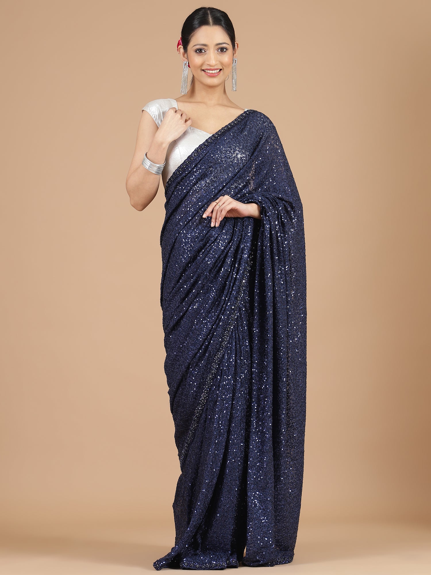 Navy Blue Net Saree with All-Over Sequence Work