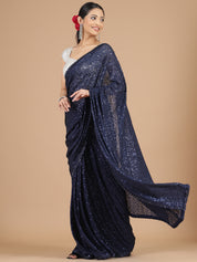 Navy Blue Net Saree with All-Over Sequence Work