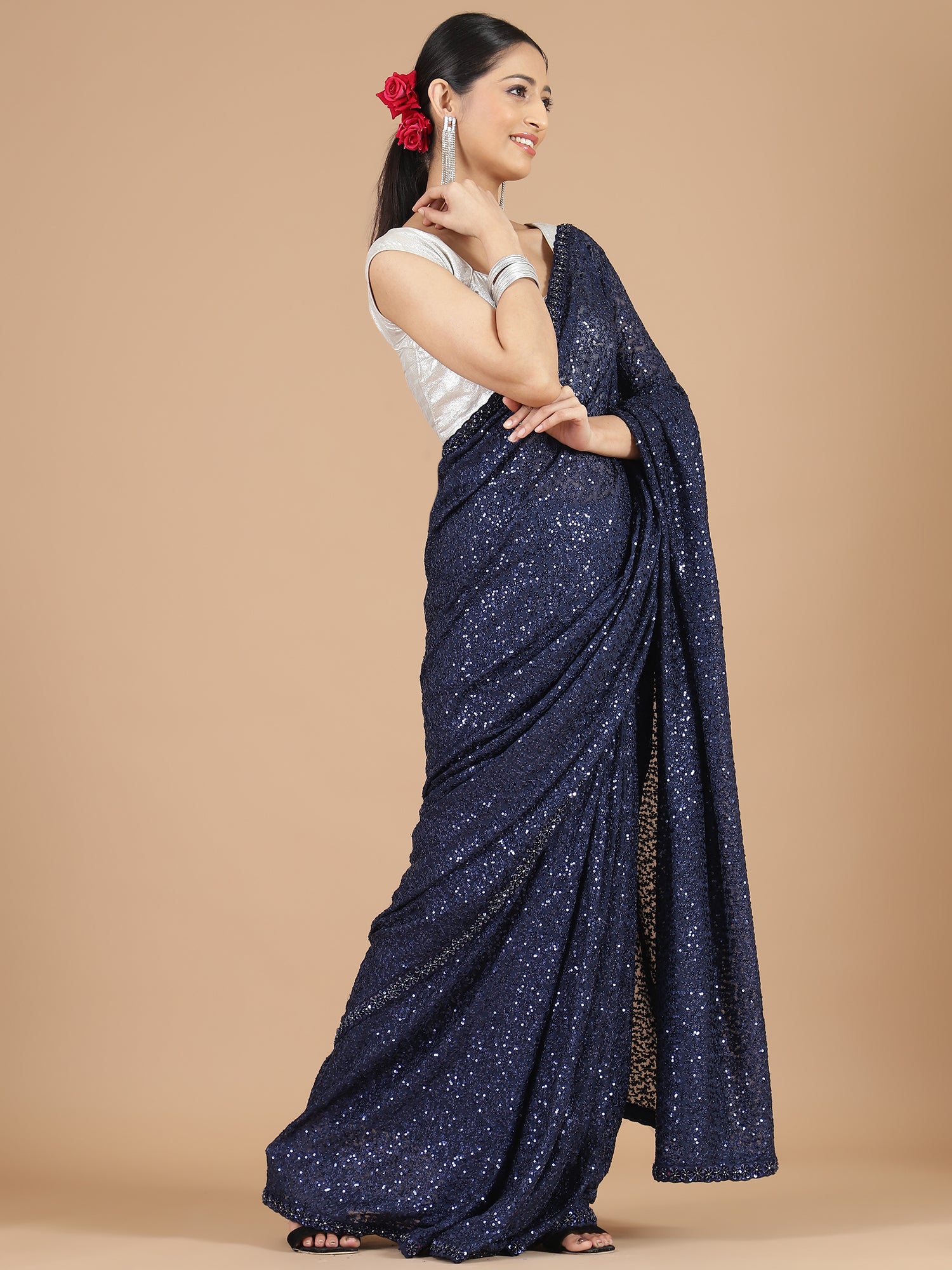 Navy Blue Net Saree with All-Over Sequence Work