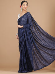 Navy Blue Net Saree with All-Over Sequence Work