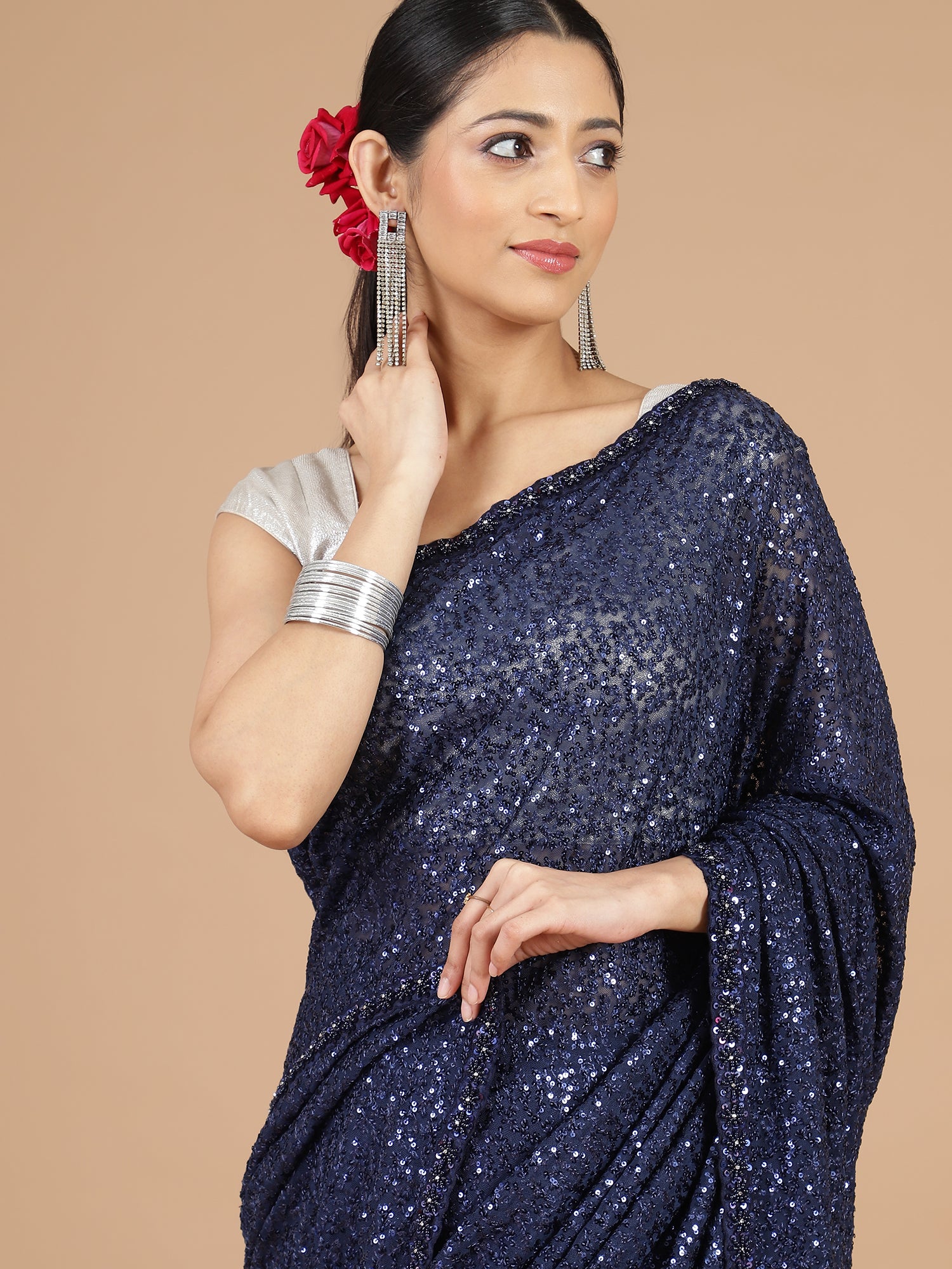 Navy Blue Net Saree with All-Over Sequence Work