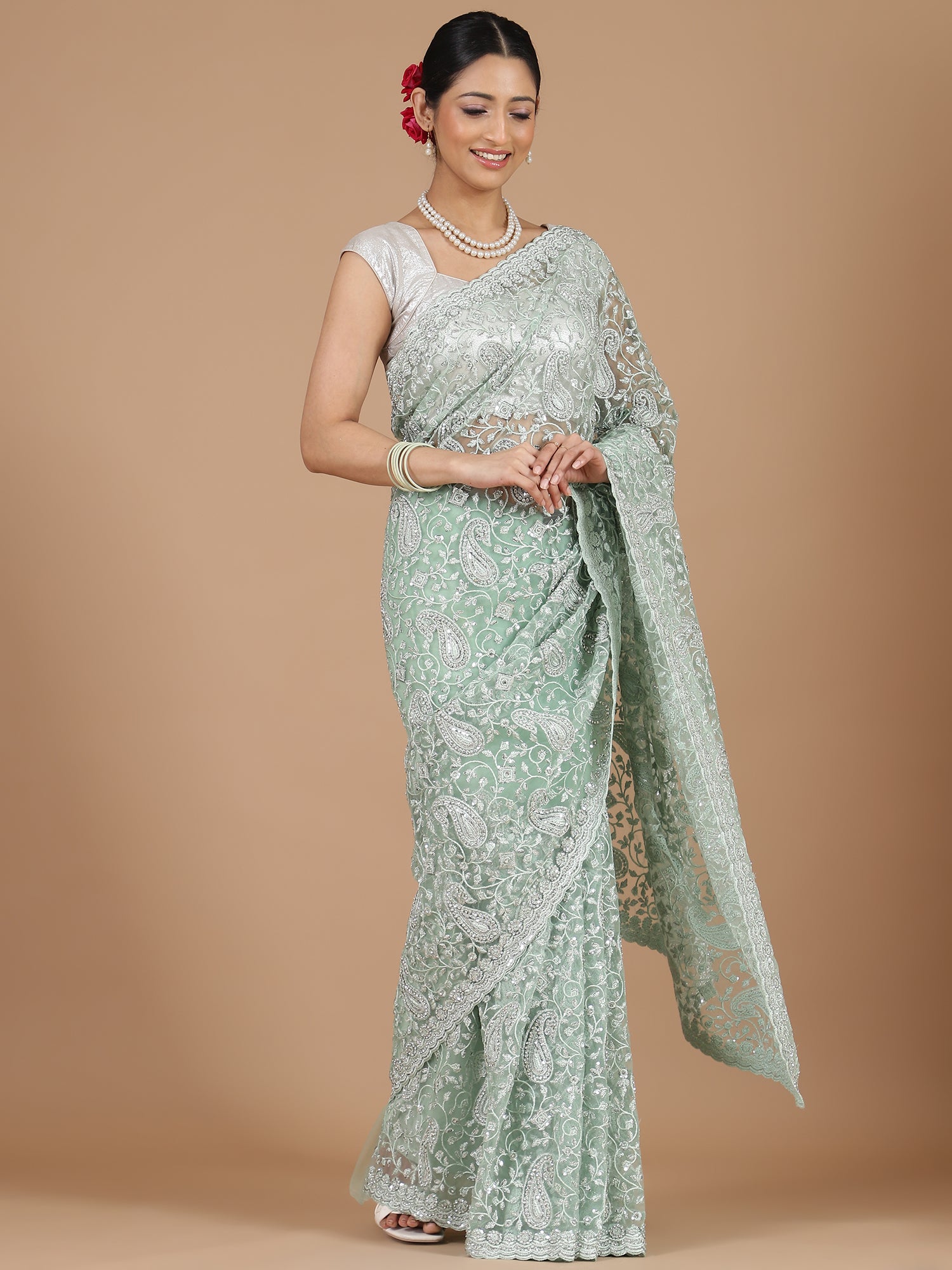 Silver Grey Net Saree with Full Embroidery and Stonework