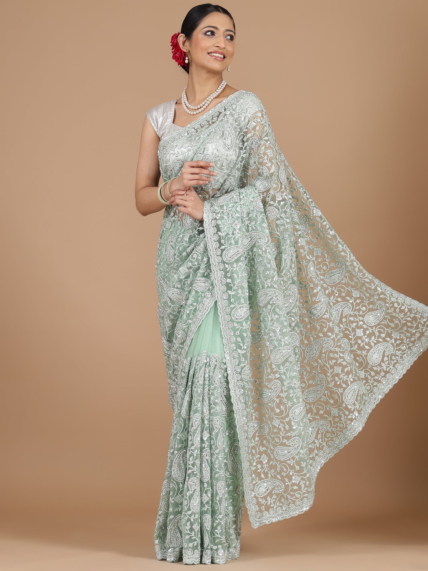 Silver Grey Net Saree with Full Embroidery and Stonework