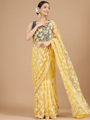 Yellow Netted Saree with Intricate Full Embroidery