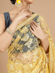 Yellow Netted Saree with Intricate Full Embroidery