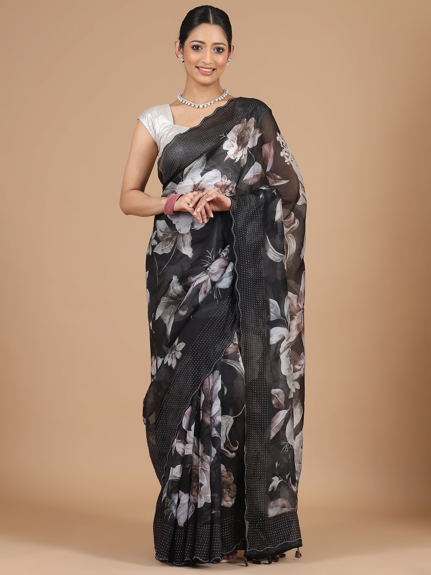 Black Organza Saree with Floral Print