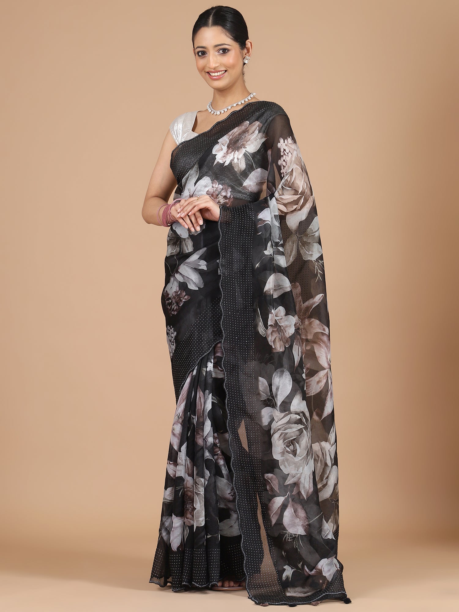 Black Organza Saree with Floral Print