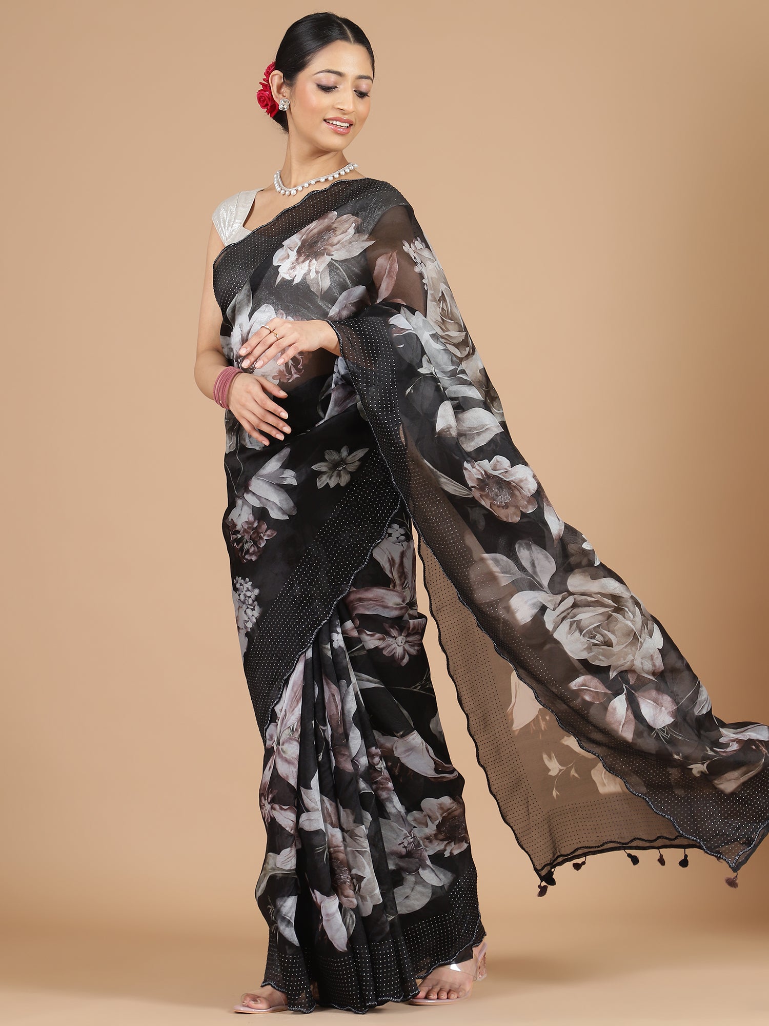 Black Organza Saree with Floral Print