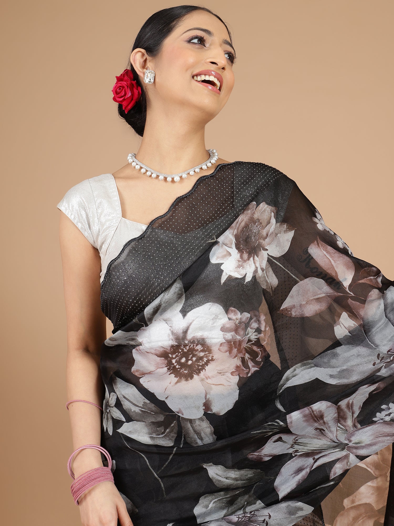 Black Organza Saree with Floral Print