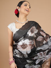 Black Organza Saree with Floral Print