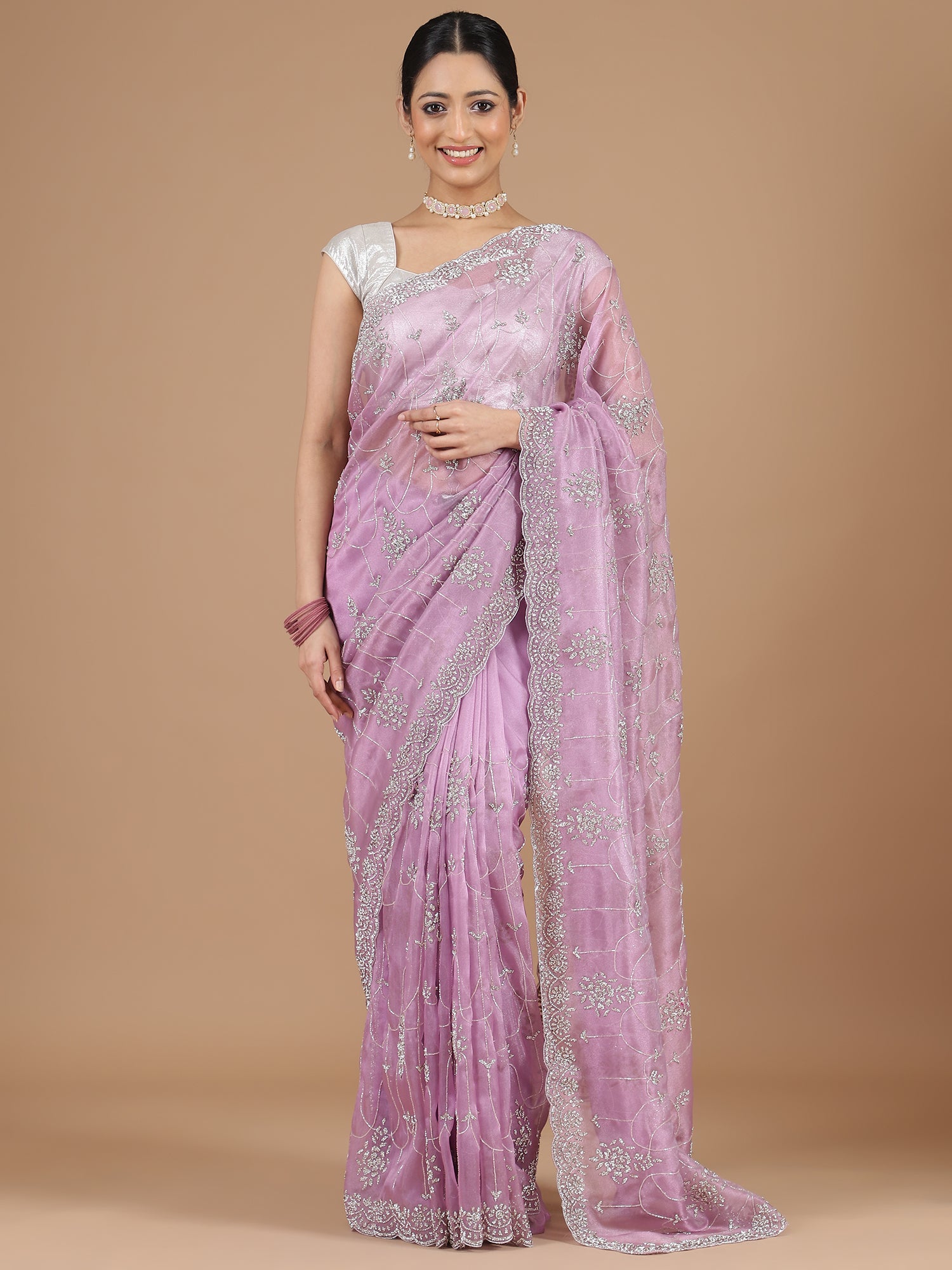 Lavender Tissue Organza Saree with Dazzling Stonework