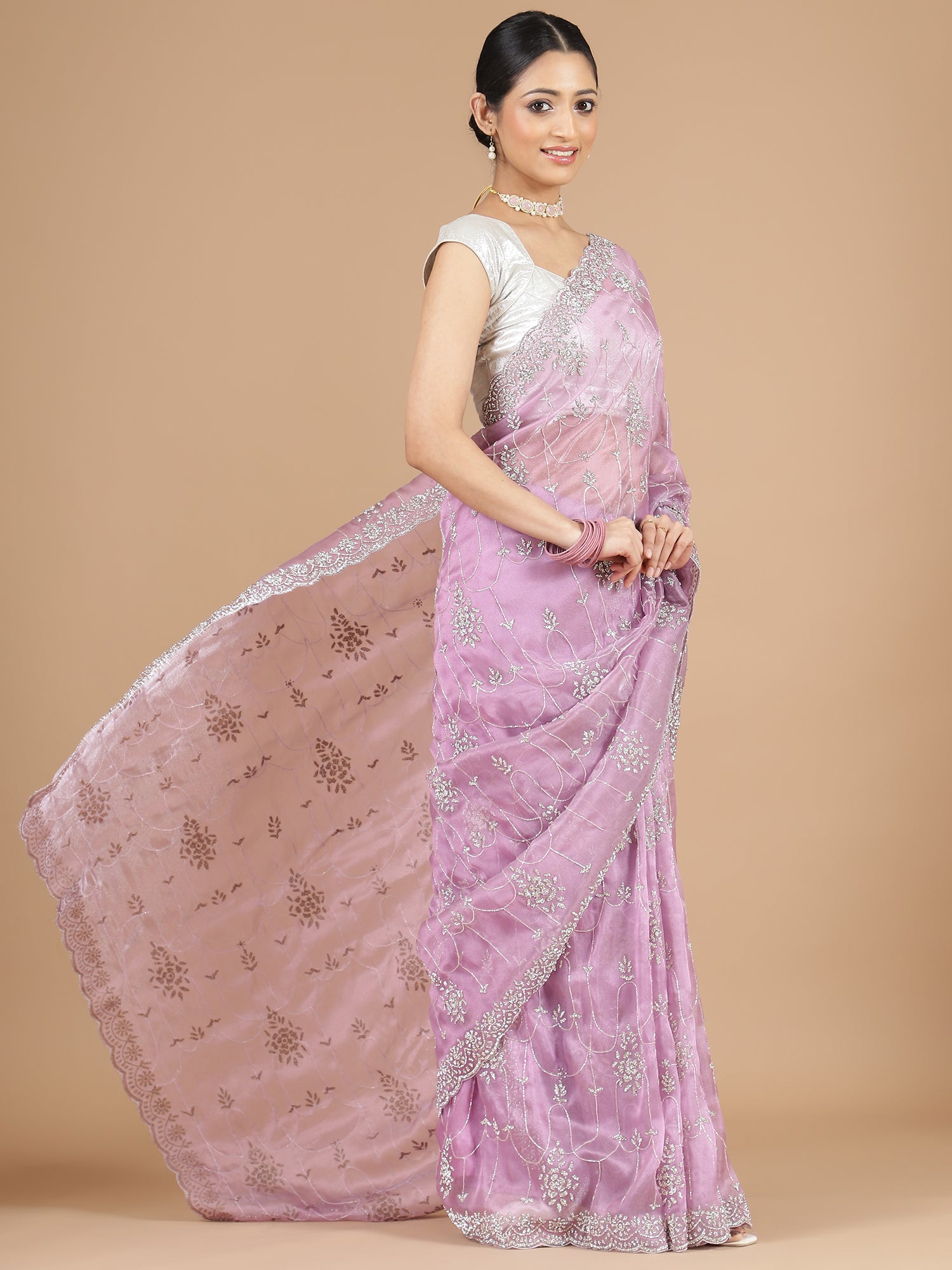 Lavender Tissue Organza Saree with Dazzling Stonework