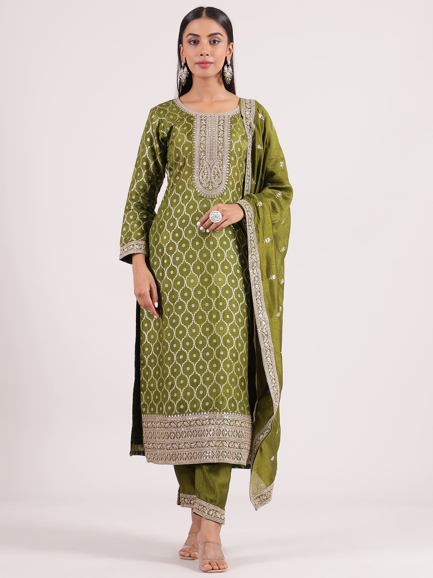 Elegant Olive Green Banarasi Salwar with Sequin Border Embroidery