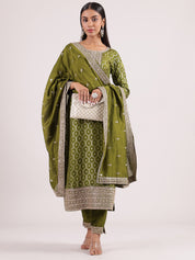 Elegant Olive Green Banarasi Salwar with Sequin Border Embroidery