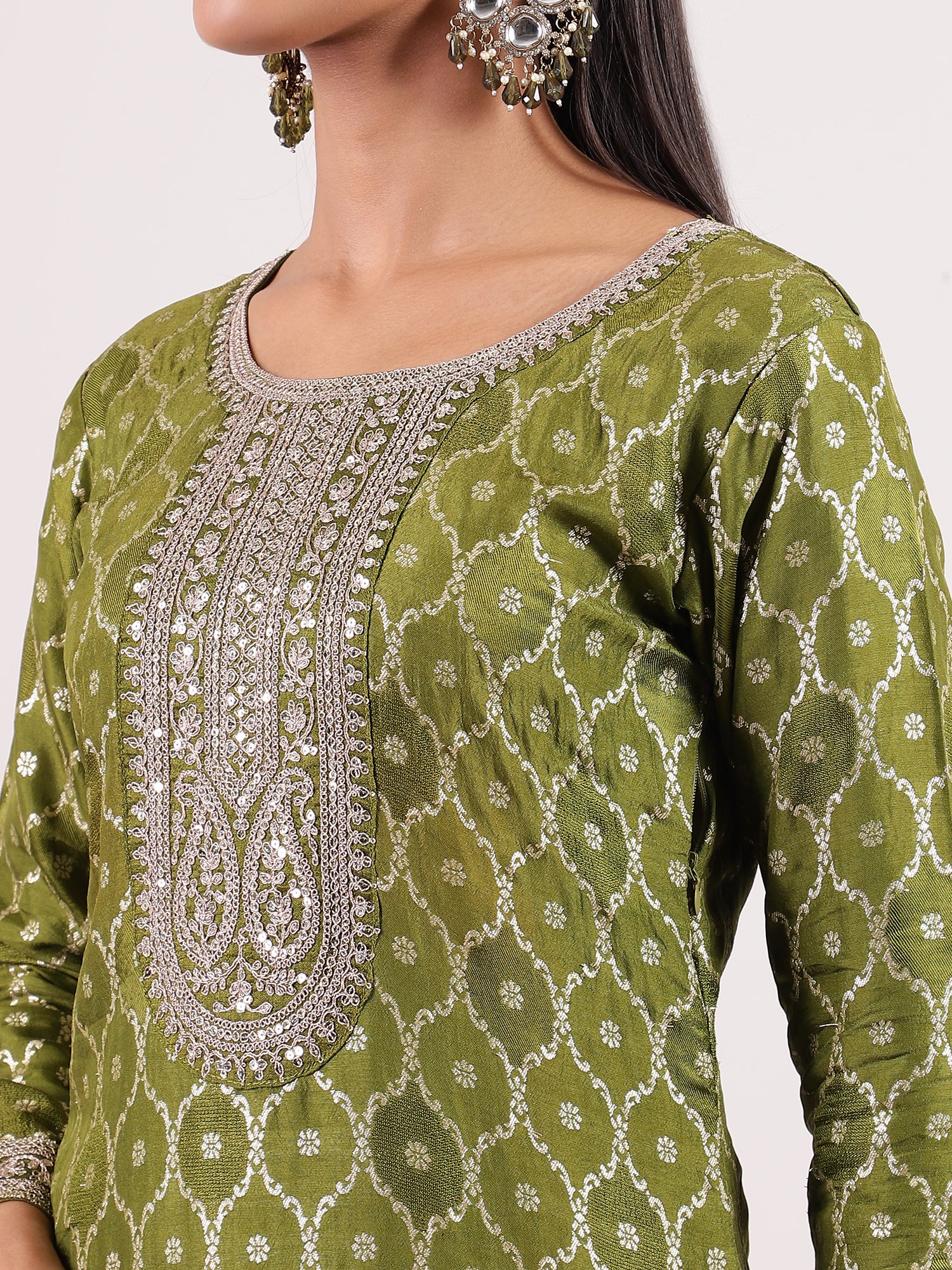 Elegant Olive Green Banarasi Salwar with Sequin Border Embroidery