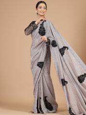 Grey Georgette Saree with Sequence Work & Black Sugarbeads Embroidery