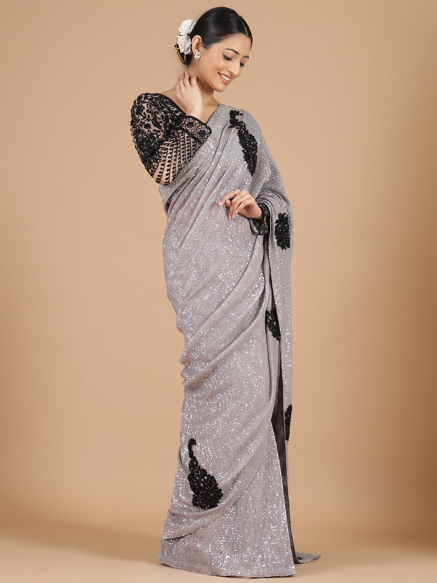 Grey Georgette Saree with Sequence Work & Black Sugarbeads Embroidery