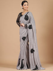 Grey Georgette Saree with Sequence Work & Black Sugarbeads Embroidery