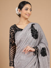 Grey Georgette Saree with Sequence Work & Black Sugarbeads Embroidery