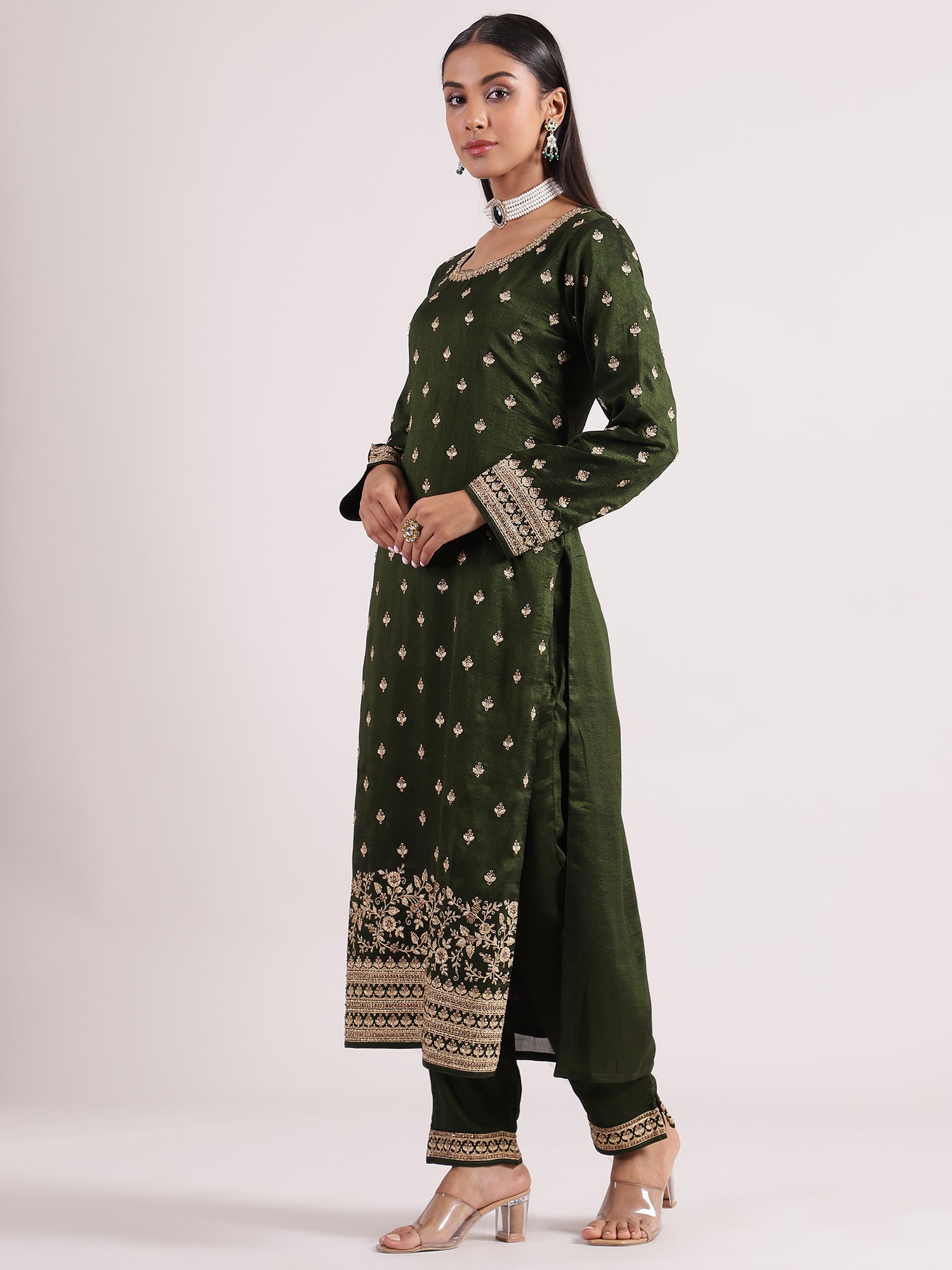 Stunning Mehendi Green Sequence Embroidery Salwar Suit with Narrow Pants