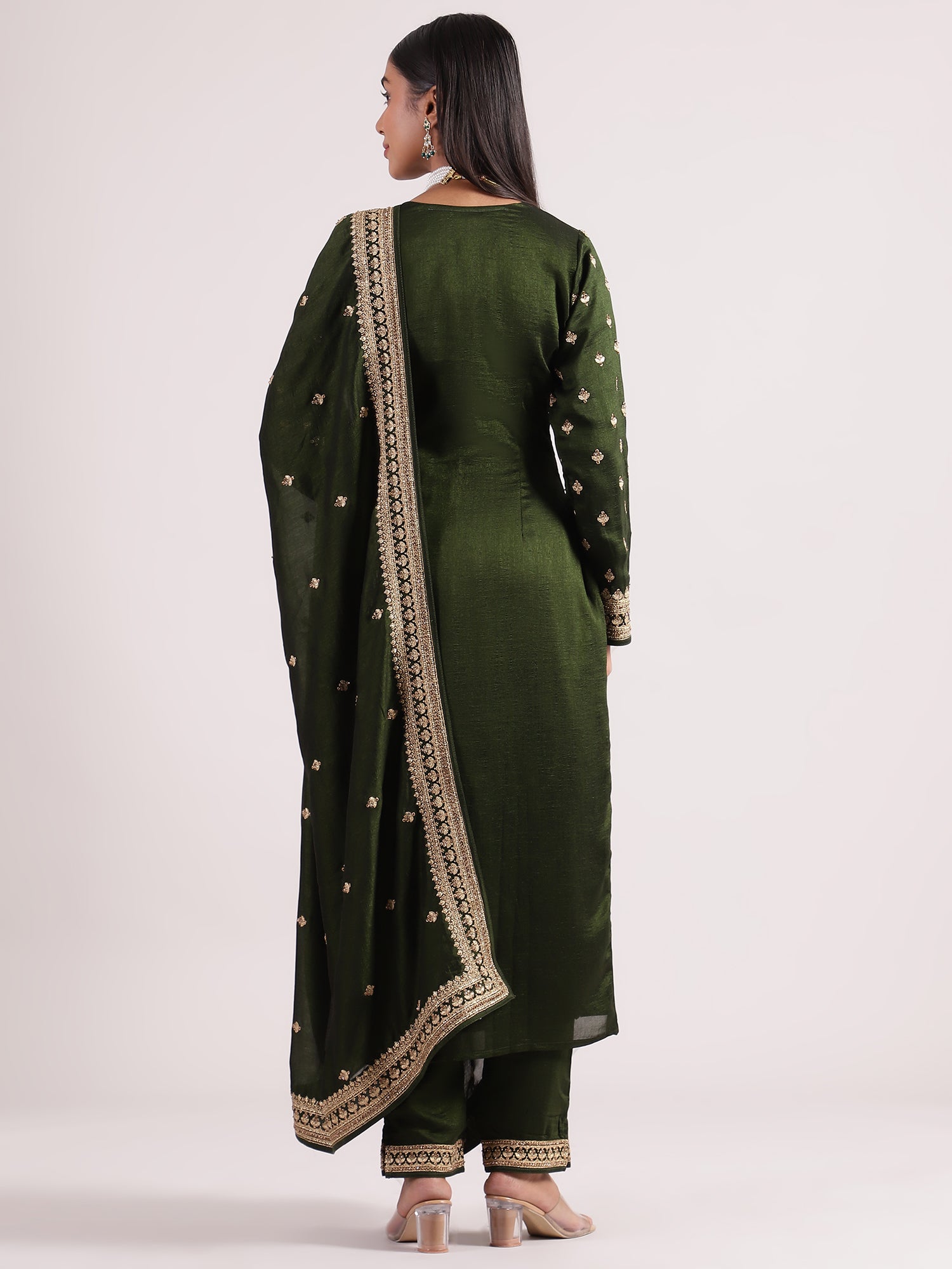 Stunning Mehendi Green Sequence Embroidery Salwar Suit with Narrow Pants