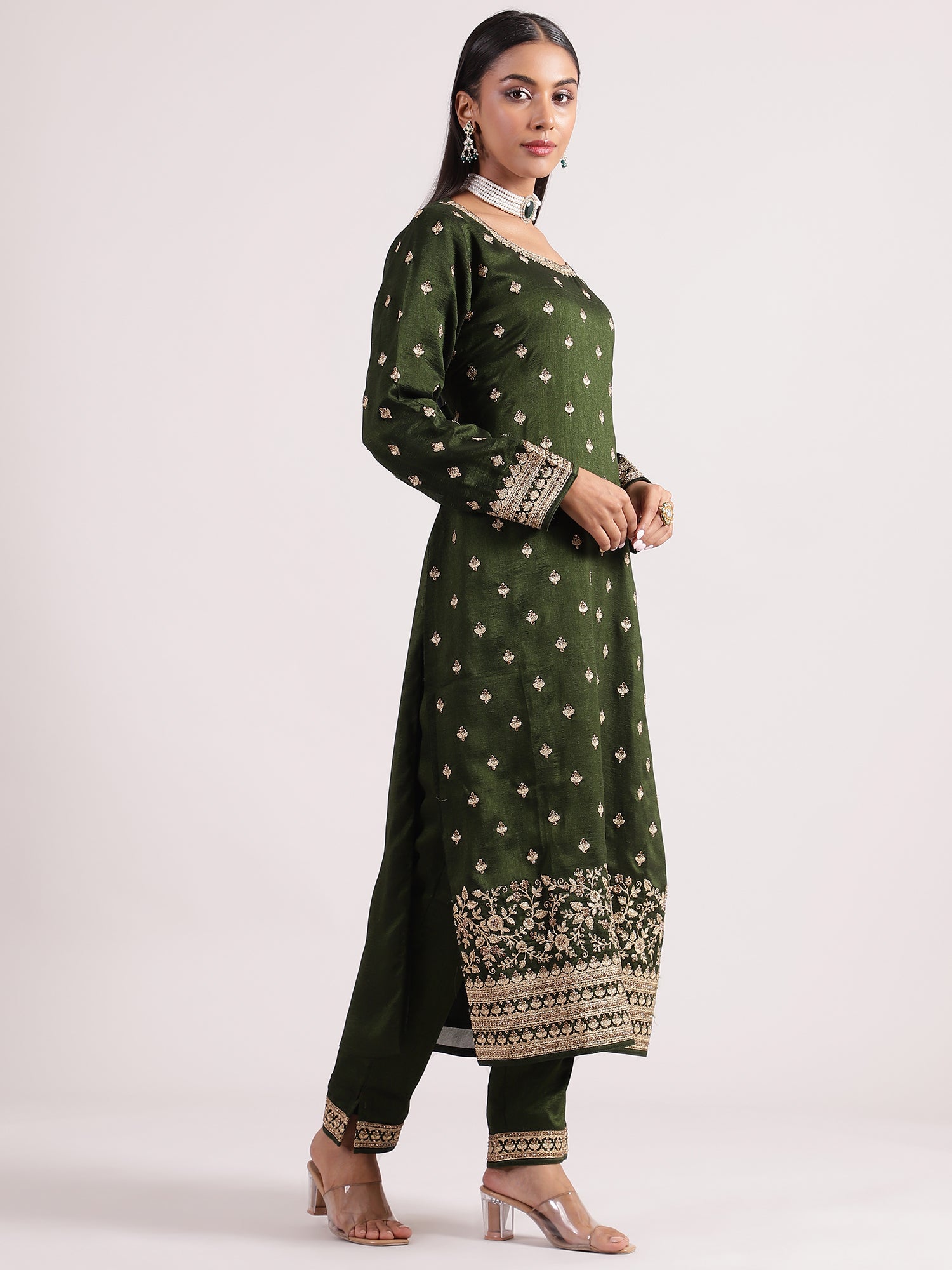 Stunning Mehendi Green Sequence Embroidery Salwar Suit with Narrow Pants