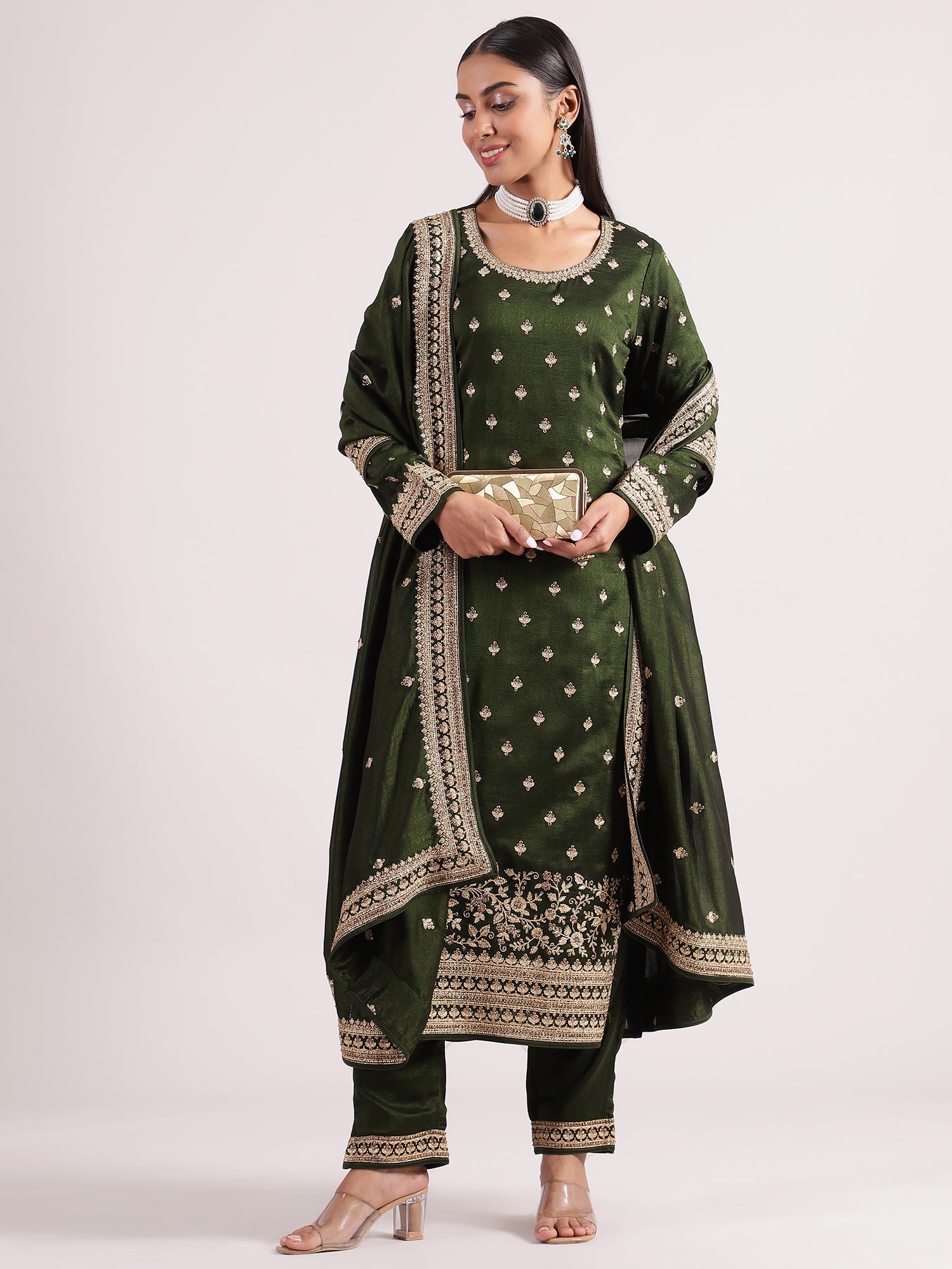 Stunning Mehendi Green Sequence Embroidery Salwar Suit with Narrow Pants