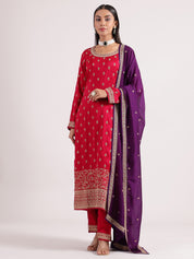 Stunning Reddish Pink Silk Sequence Salwar Suit with Contrast Dark Purple Dupatta