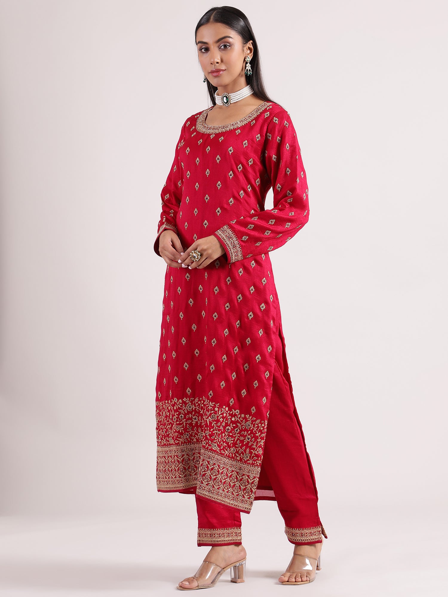 Stunning Reddish Pink Silk Sequence Salwar Suit with Contrast Dark Purple Dupatta