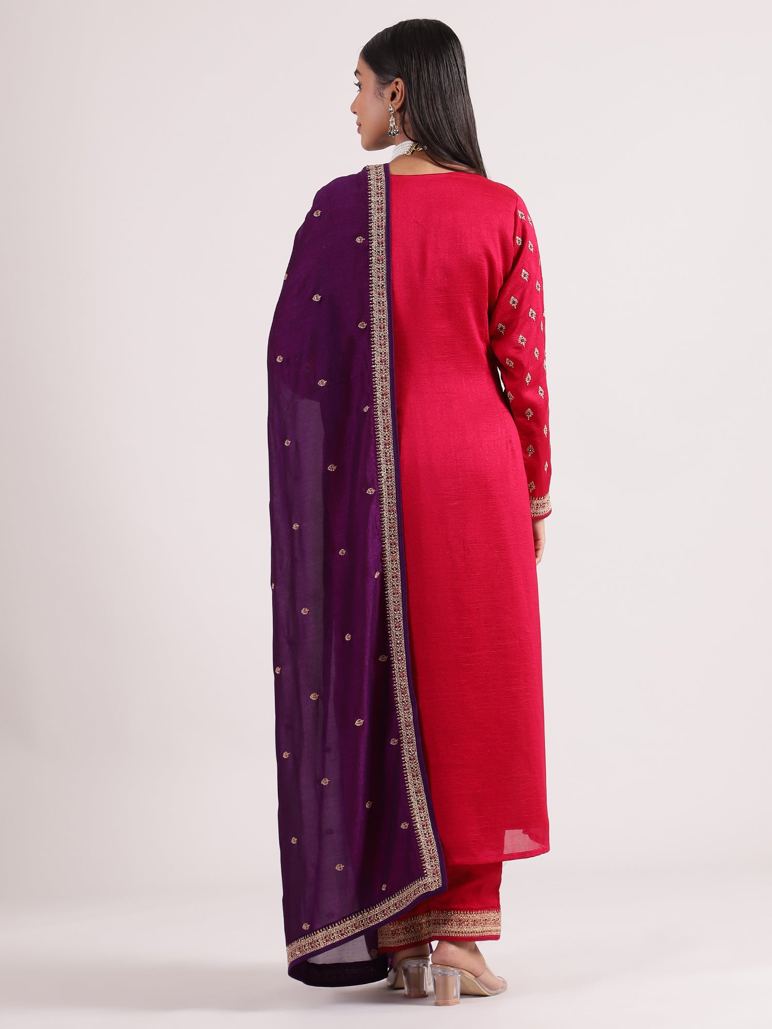 Stunning Reddish Pink Silk Sequence Salwar Suit with Contrast Dark Purple Dupatta