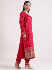 Stunning Reddish Pink Silk Sequence Salwar Suit with Contrast Dark Purple Dupatta