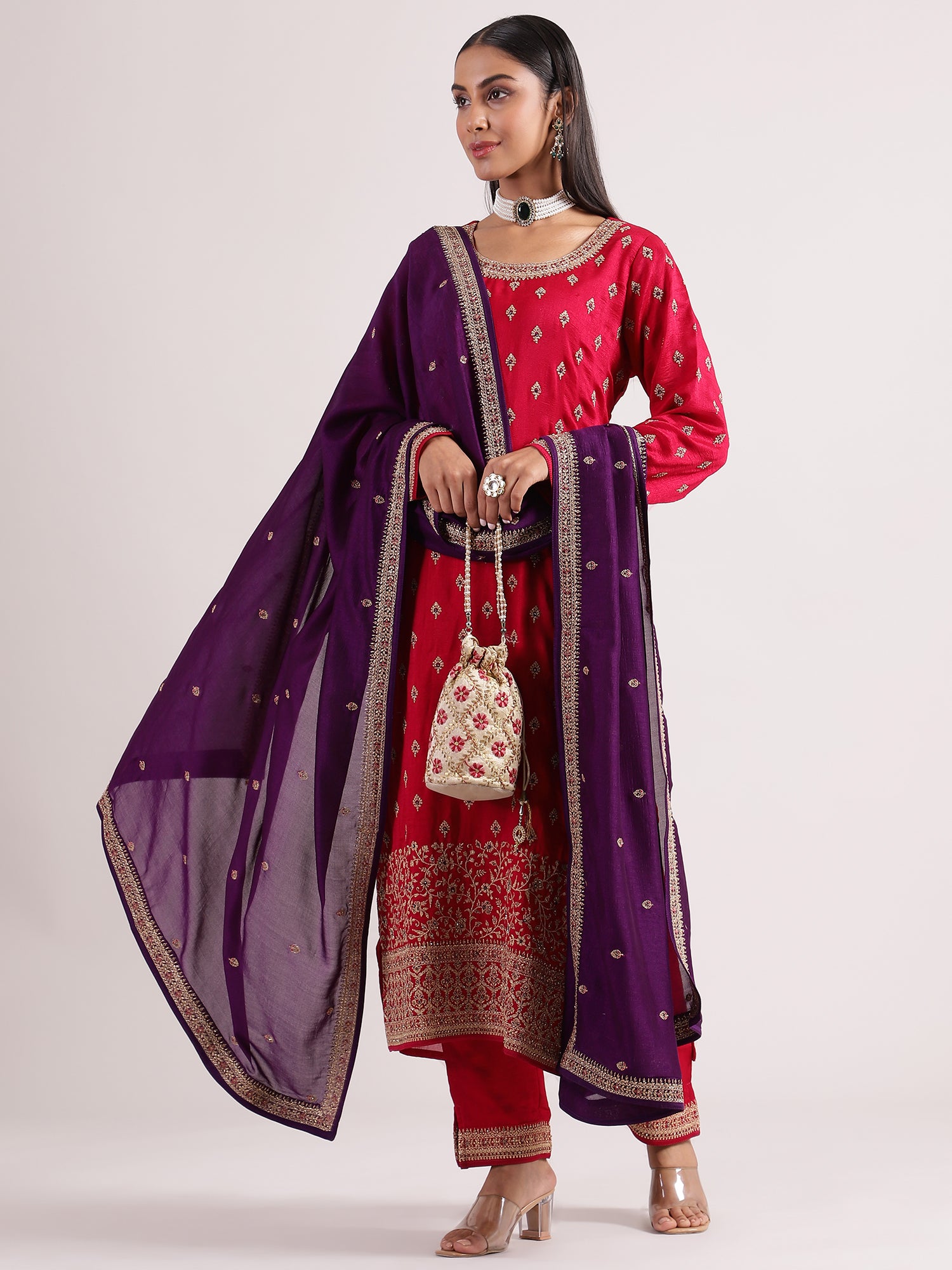 Stunning Reddish Pink Silk Sequence Salwar Suit with Contrast Dark Purple Dupatta