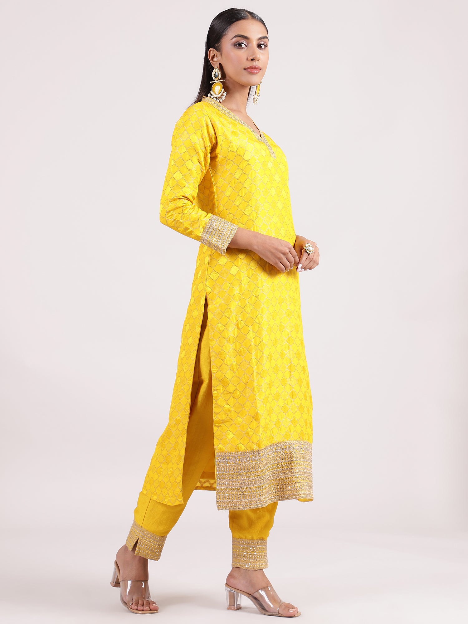 Vibrant Yellow Raw Silk Salwar with Kotapatti Embroidery & Narrow Pants