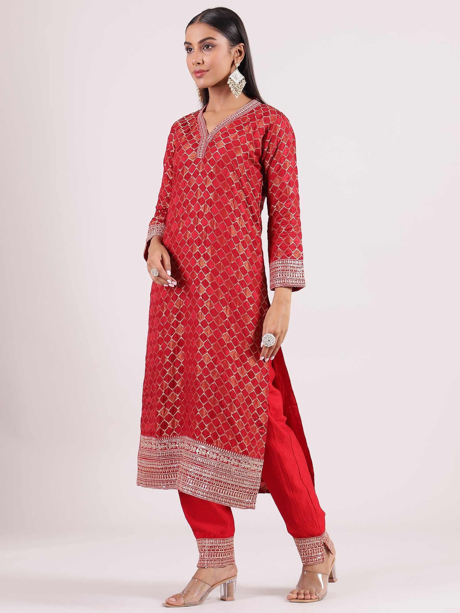 Elegant Red Raw Silk Salwar with Kotapatti Embroidery & Narrow Pants