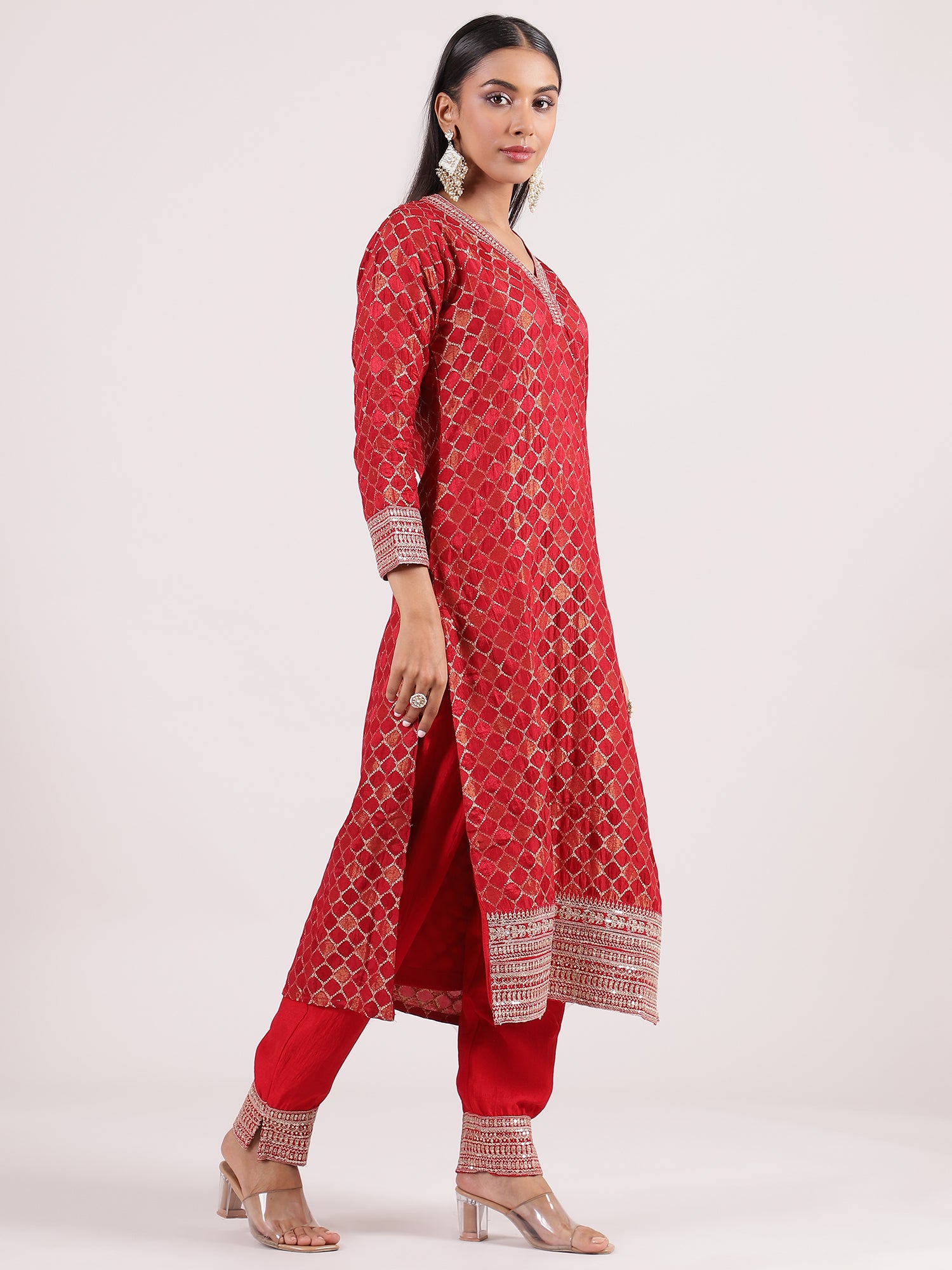 Elegant Red Raw Silk Salwar with Kotapatti Embroidery & Narrow Pants