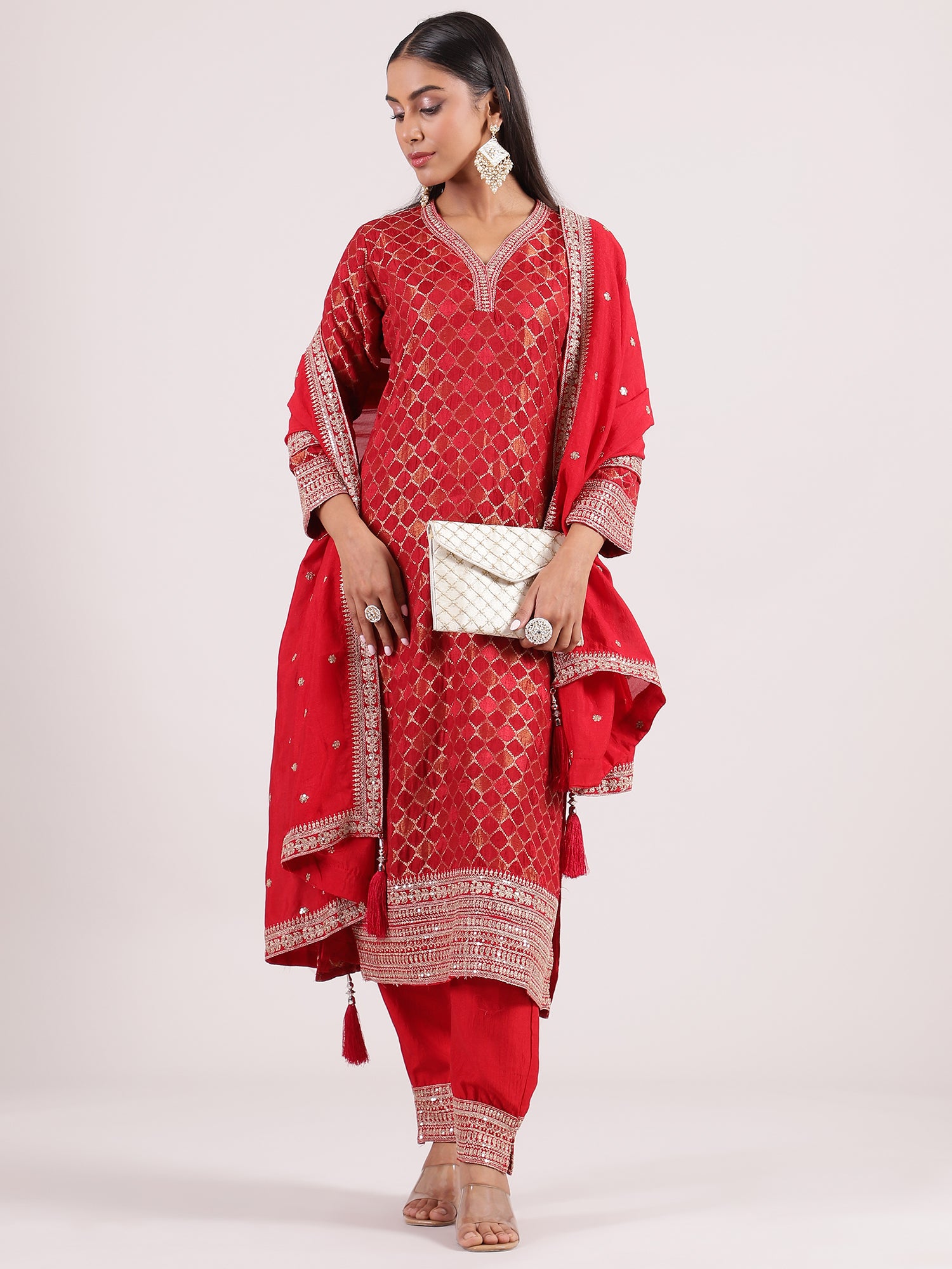 Elegant Red Raw Silk Salwar with Kotapatti Embroidery & Narrow Pants