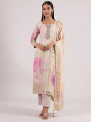 Graceful Cream Banarasi Lavender Floral Digital Print Salwar Suit