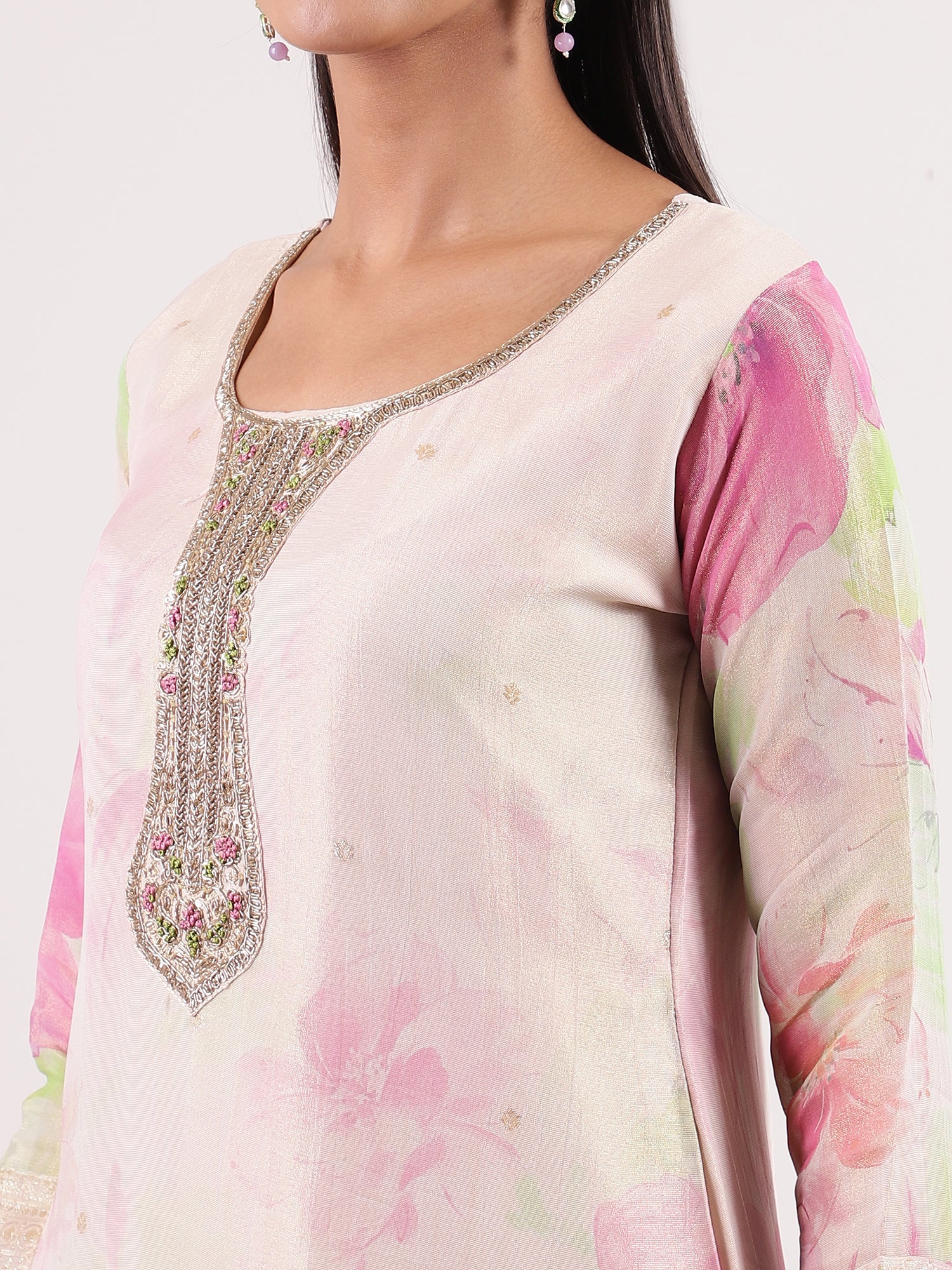 Graceful Cream Banarasi Lavender Floral Digital Print Salwar Suit