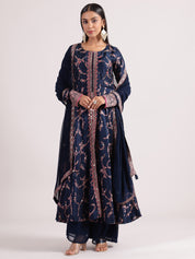 Regal Navy Blue Banarasi Salwar Kameez with Mirror Work & Potale Button Details