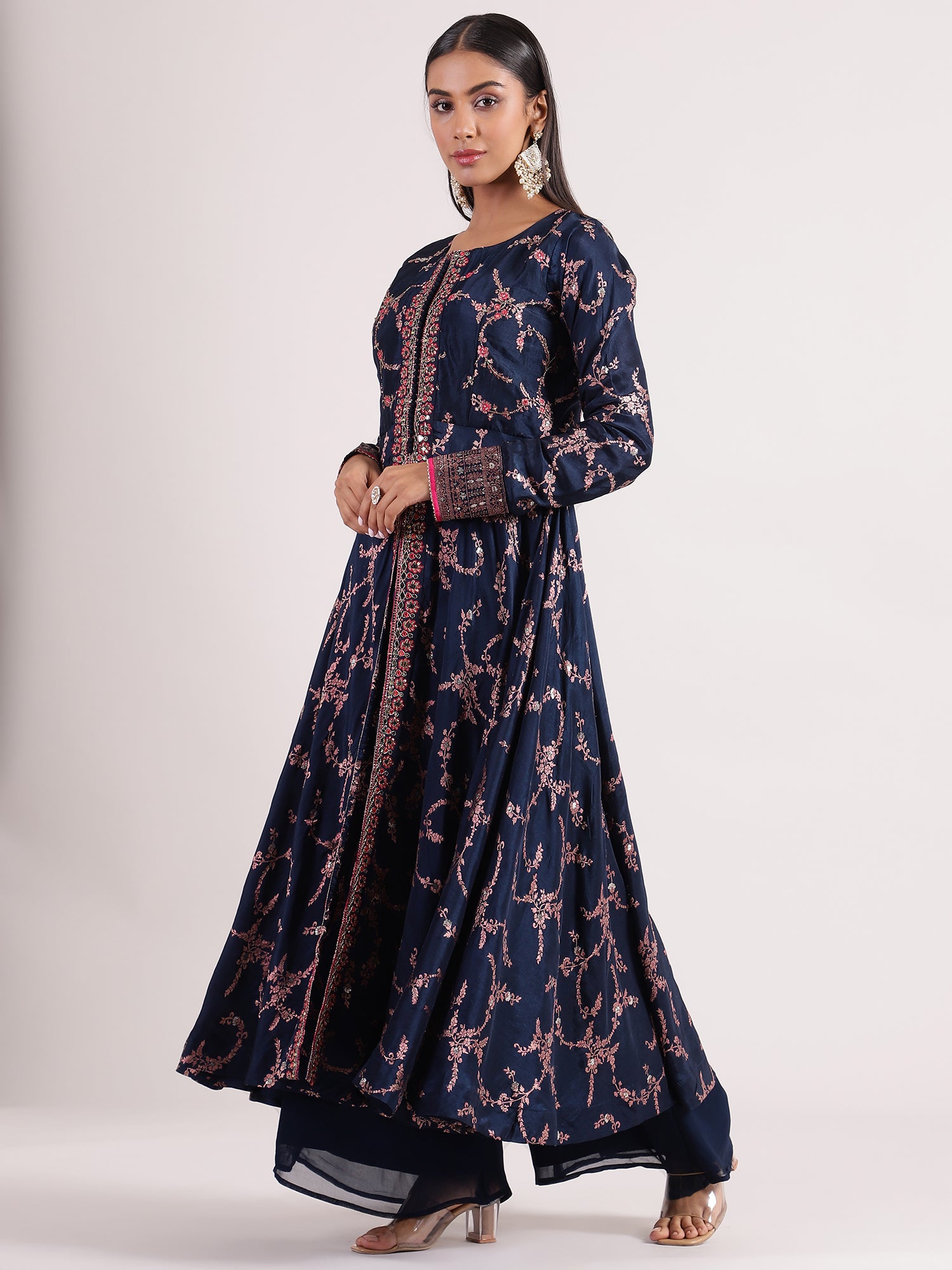 Regal Navy Blue Banarasi Salwar Kameez with Mirror Work & Potale Button Details