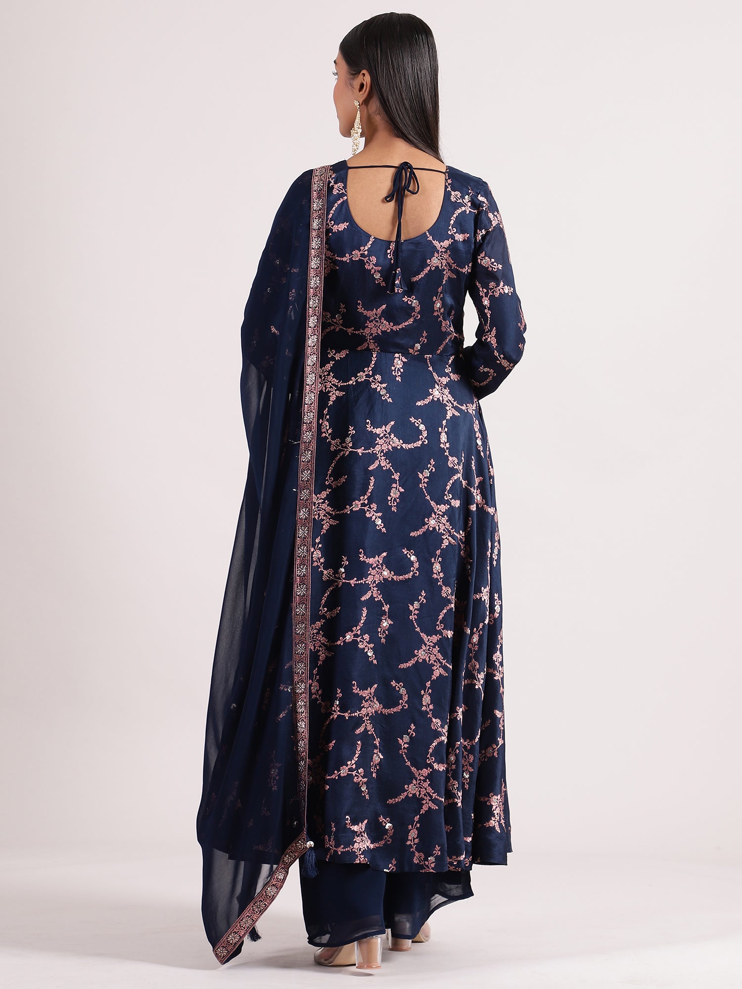 Regal Navy Blue Banarasi Salwar Kameez with Mirror Work & Potale Button Details