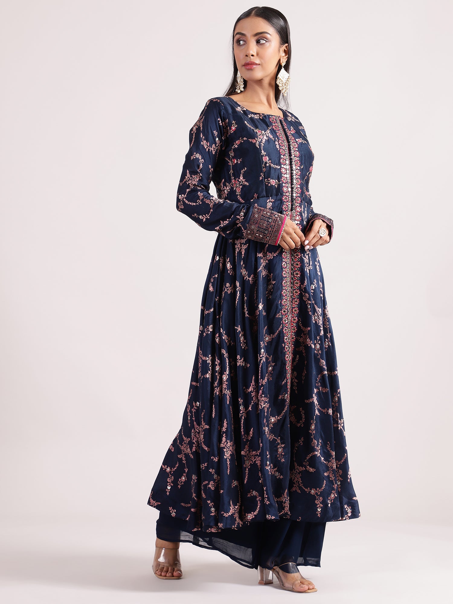 Regal Navy Blue Banarasi Salwar Kameez with Mirror Work & Potale Button Details