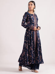 Regal Navy Blue Banarasi Salwar Kameez with Mirror Work & Potale Button Details