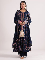 Regal Navy Blue Banarasi Salwar Kameez with Mirror Work & Potale Button Details