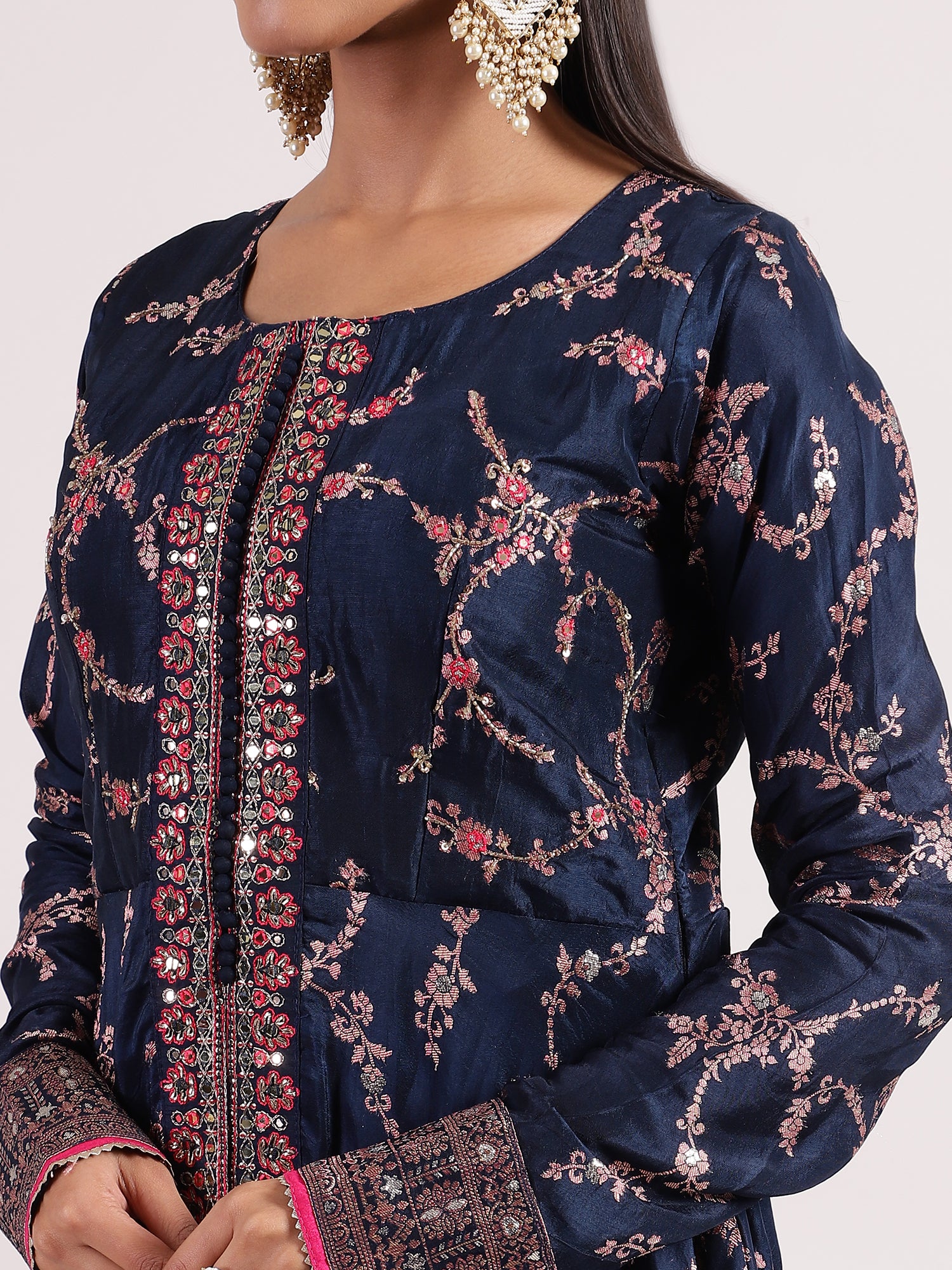 Regal Navy Blue Banarasi Salwar Kameez with Mirror Work & Potale Button Details