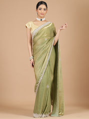 Green Satin Tissue Saree with Sequence Scallop Work